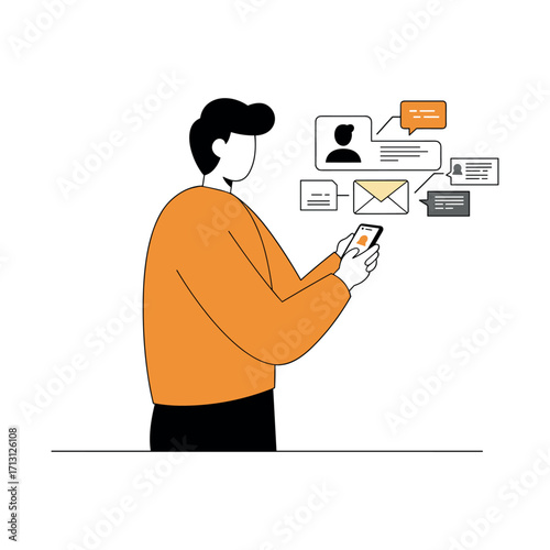 Engaging digital communication young professional using smartphone urban setting illustration modern lifestyle. Vector illustration