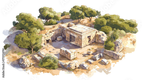 Ggantija Temples. Ggantija Temples watercolor vector illustration