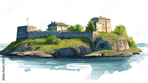 Suomenlinna Fortress. Suomenlinna Fortress watercolor vector illustration