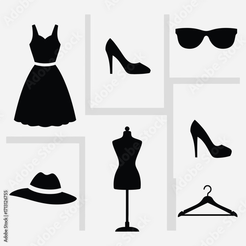 Elegant Assortment of Women's Fashion Apparel and Accessories Black Silhouettes Isolated on White Background