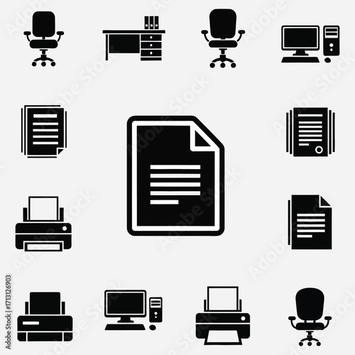 Office Supplies A collection of desk, printer, computer, and document icons for design projects