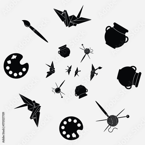 A dynamic assortment of black silhouette art and craft supplies, illustrating the diverse and joyful world of creative handmade hobbies and artistic expression