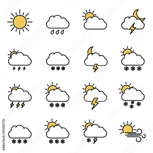 Weather icons illustrating various conditions digital art graphic design minimalist style informative visuals. Vector illustration