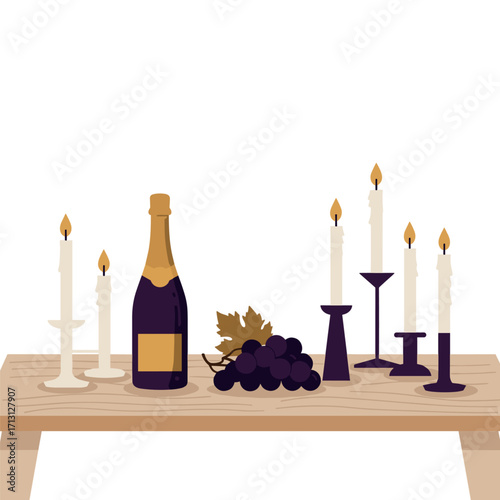 Celebratory toast with champagne and grapes elegant setting still life romantic atmosphere artistic perspective. Vector illustration