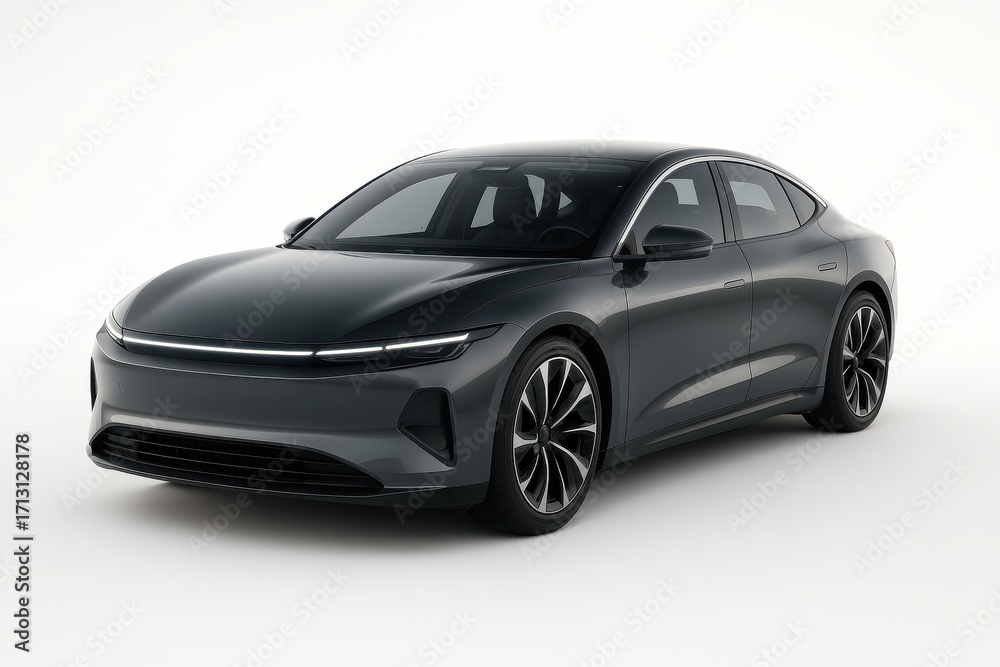 Fototapeta premium Futuristic electric sedan concept car isolated on pure white studio background sleek aerodynamic design ultra detailed 3D render for clean mockups