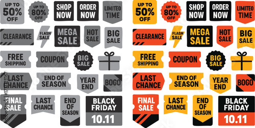 Collection of colorful and monochrome retail sale tags and stickers.