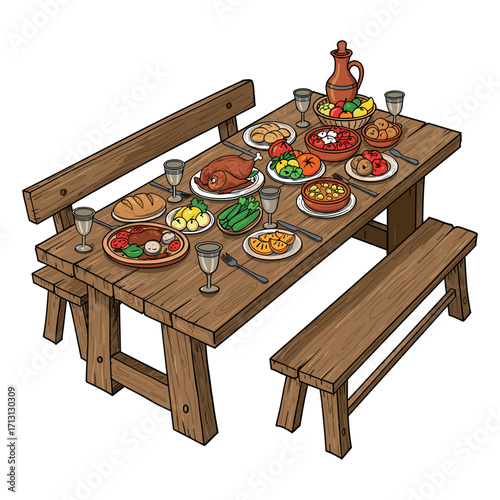 Festive feast with family and friends rustic dining table food platter cozy home overhead view culinary celebration. Vector illustration