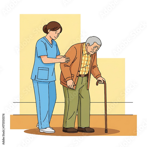 Nurse Assisting Elderly Man with Cane, Healthcare and Support Concept