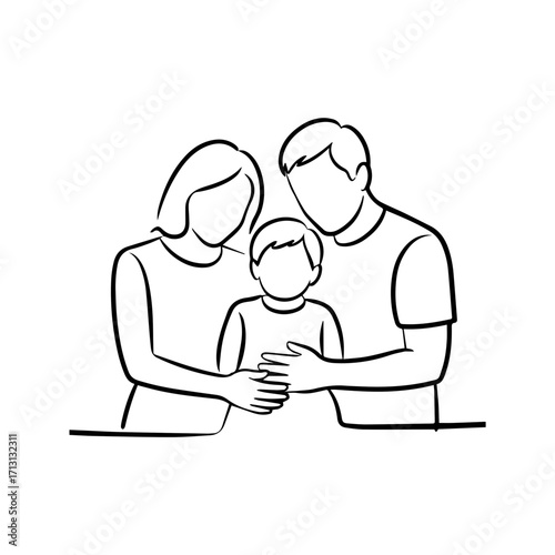 Loving family of three embracing line art, representing unity, connection, and support for family values, perfect for illustrating family bonds and relationships