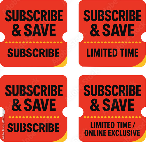 Set of red Subscribe and Save promotional offer tickets.