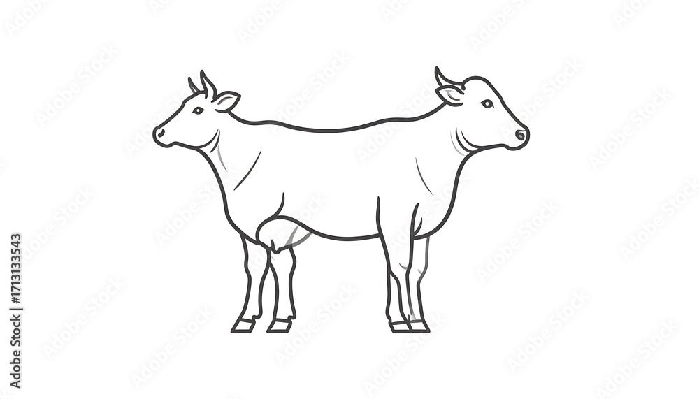 Fototapeta premium A simple, side-view drawing of two identical cows positioned facing away from each other, in profile view, designed in a grayscale color scheme, against a pure white backdrop.