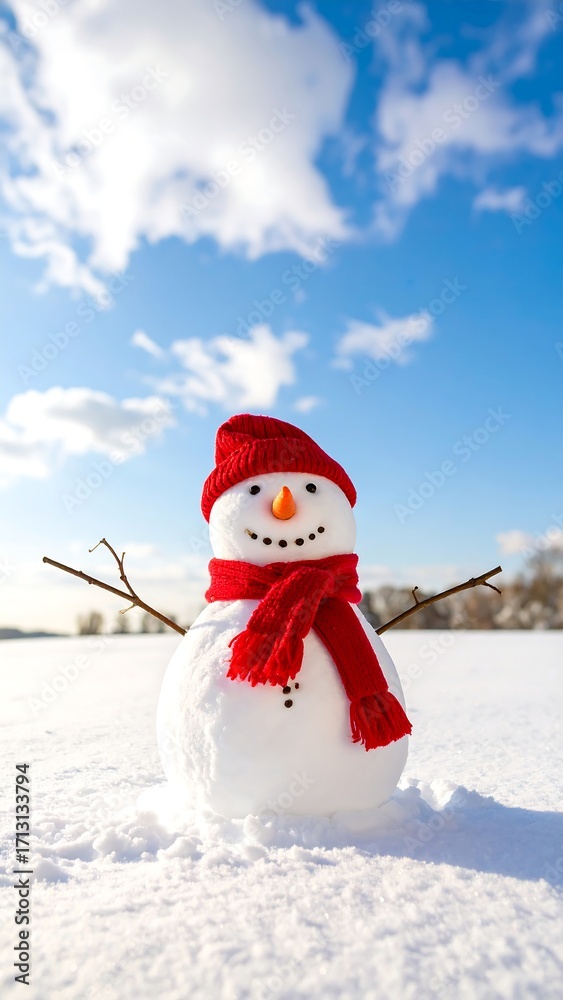 Obraz premium Smiling snowman in red hat & scarf, snowy field, sunny sky