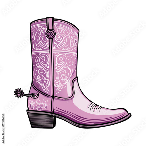 Pink cowboy boot illustration with decorative floral embellishments and spurs