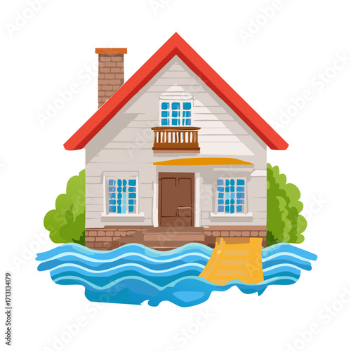 House Underwater with Water Damage and Flood Insurance Claim Concept