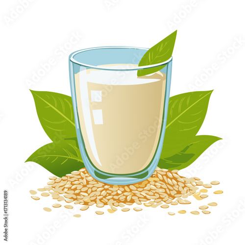 Glass of sesame milk drink with sesame seeds and fresh leaves