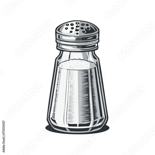 Illustration of a Glass Salt Shaker with Metal Lid and White Salt, Kitchen Condiment