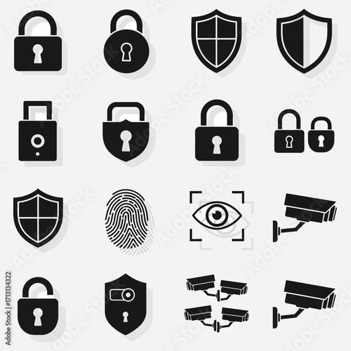 Security icons locks, shields, fingerprint, surveillance cameras, and eye scan
