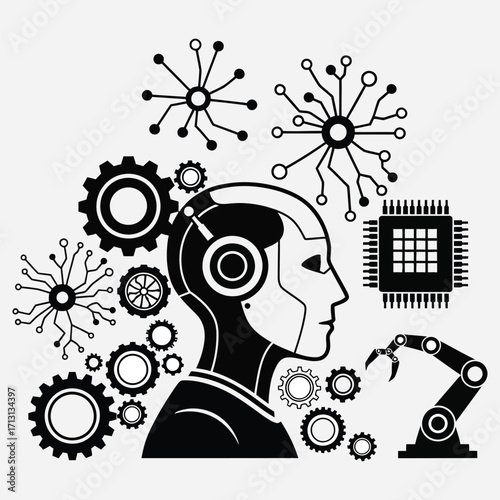 AI Gears Futuristic Robot Head with Circuit Boards and Robotic Arm Illustration