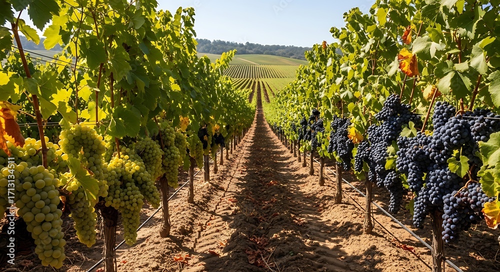 Obraz premium A vineyard stretching out in rows under a bright, sunny sky, showcasing the abundant clusters of grapes in a picturesque agricultural scene.