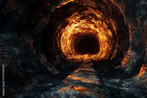 A dark, fiery tunnel with glowing walls, suggesting a mysterious underground passage.