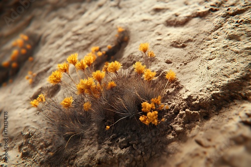 A close-up view of vibrant yellow flowers growing on textured soil.