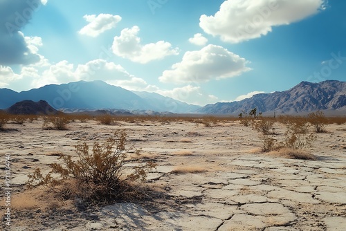 A vast desert landscape with dry cracked earth, sparse vegetation, and distant mountains under clouds.