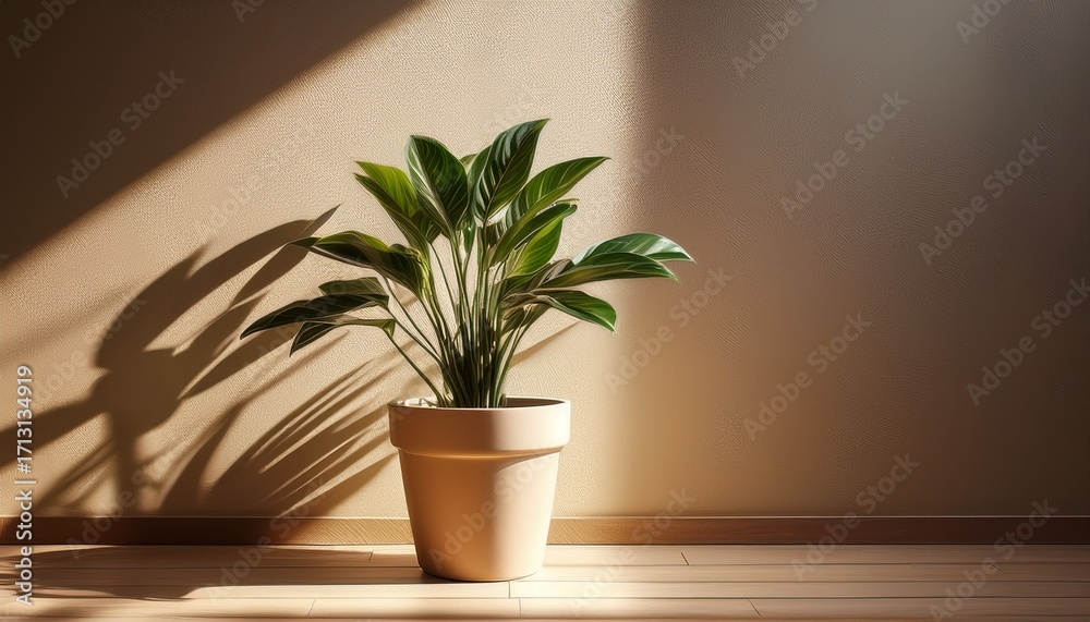 Fototapeta premium A Potted Plant With Shadows On A Wall