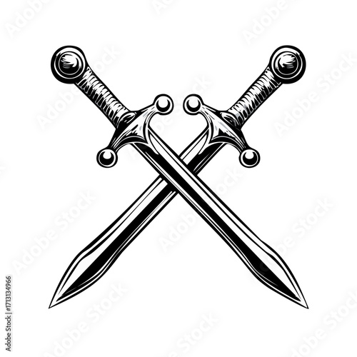 Crossed Swords Vector Illustration Black and White Decorative Daggers Medieval Symbol Isolated
