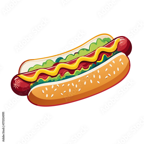 Classic American Hot Dog with Mustard Ketchup and Green Relish Illustration