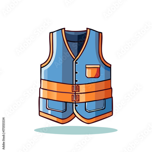 Cartoon illustration safety vest. Blue protective workwear with orange reflective strips.