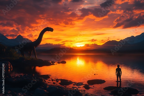 A serene sunset scene featuring a dinosaur and a human silhouette by a tranquil lake.
