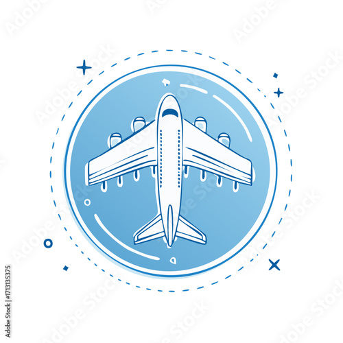 Blue and white airplane illustration top view inside a circle with abstract flight path elements