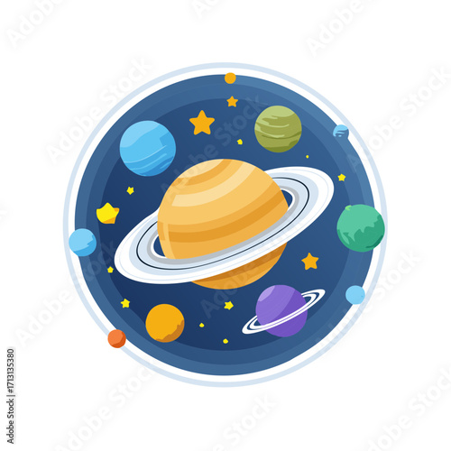Planets and Stars in a Cosmic Circle Illustration, Universe Exploration, Galaxy