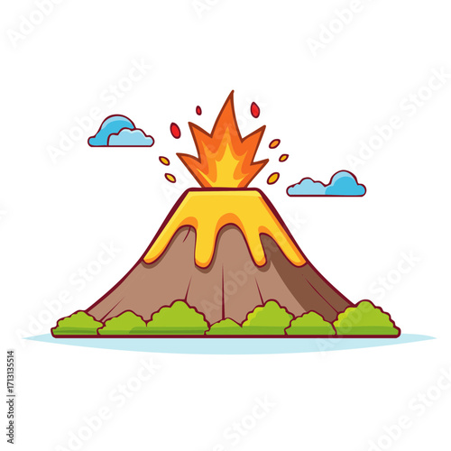 Cute cartoon volcano mountain erupting with hot molten lava and fire sparks vector illustration