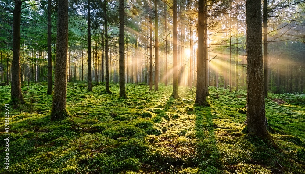 Obraz premium Early Morning Light Filtering Through Forest Trees And Green Moss