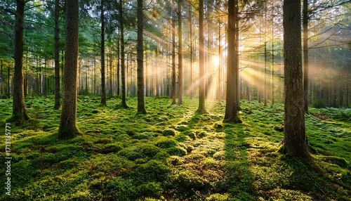 Wallpaper Mural Early Morning Light Filtering Through Forest Trees And Green Moss Torontodigital.ca