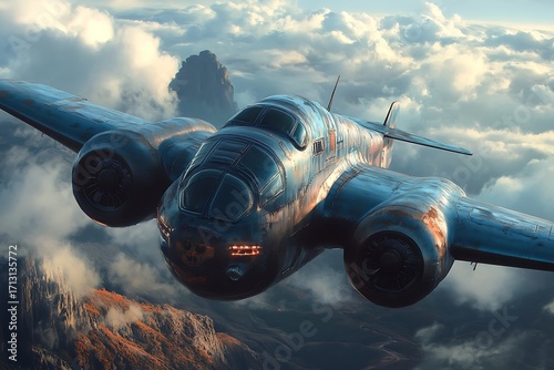 A vintage aircraft soaring above dramatic clouds and mountainous terrain.