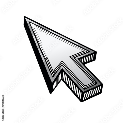 Illustrated 3D computer cursor pointing arrow with silver and black details.