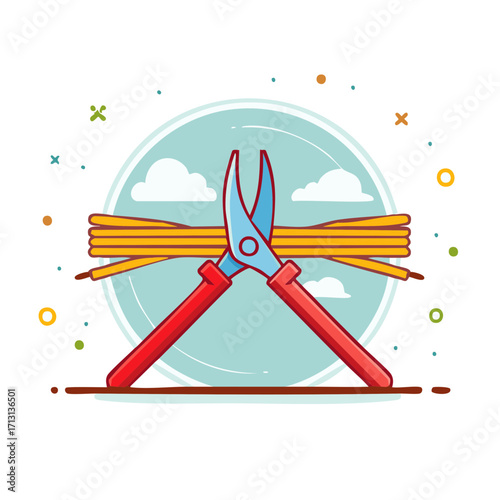 Electrician's tools cutting cable in cartoon style, wire, cutters in front of cloudy sky