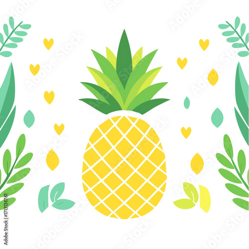 Flat Vector Illustration of a Cute Pineapple Surrounded by Summer Leaves and Hearts
