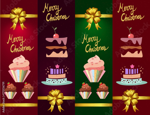 Christmas banner templates with cakes, bows, and icons
