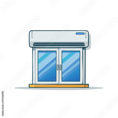 Modern storefront with glass doors and air conditioning unit above