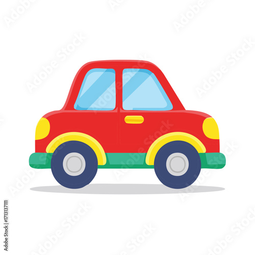 Bright red cartoon car with blue windows and yellow accents on white background