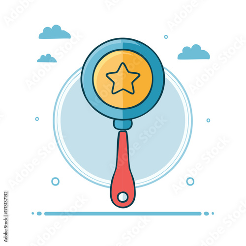 Cute cartoon baby rattle with a star, clouds, and playful design elements.