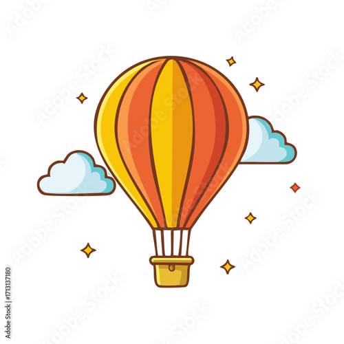 Cartoon Hot Air Balloon Floating Near Clouds and Stars, Colorful Graphic