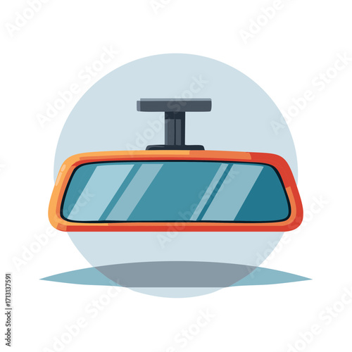 Interior car mirror with orange frame reflecting blue sky and clouds