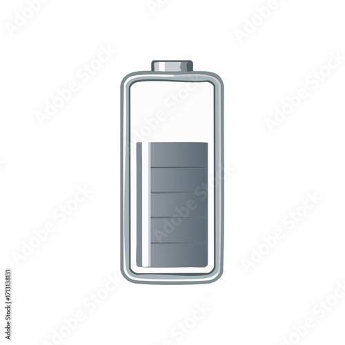 Digital battery icon with partial charge level in metallic gray and white design