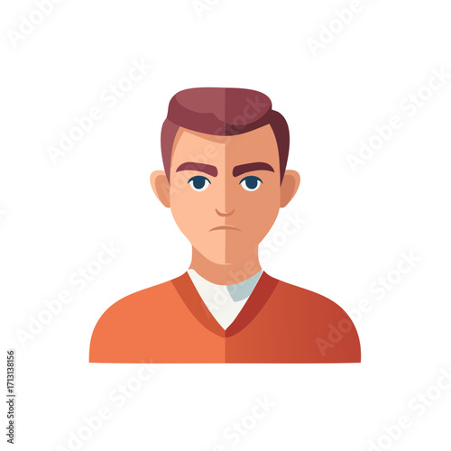Isolated Vector Illustration of a Focused Young Man Character, Upper Body Portrayal, Featuring a Neutral Expression