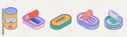 A set of fun hand-drawn sardine can icons. Mediterranean fish. Vector.