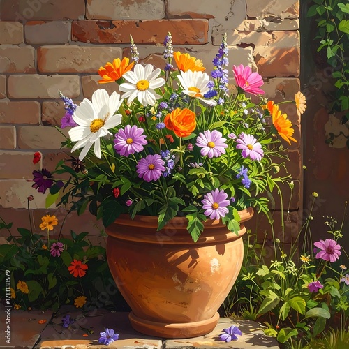 A vibrant display of colorful flowers in a terracotta pot against a brick wall, bathed in sunlight.